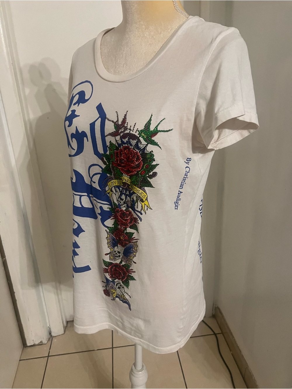 Ed Hardy White Short-Sleeve Tee with Blue Script & Red Floral Motif
